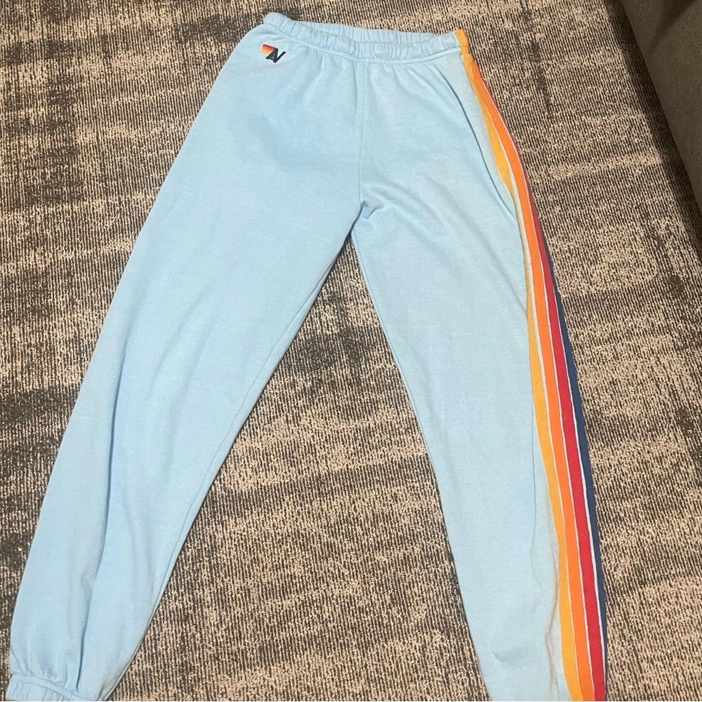 Aviator Nation Sky Blue Track Pants with Rainbow Stripe - Picture 2 of 4